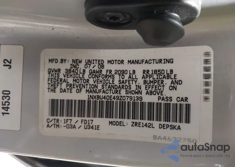 2009 Toyota Corolla S из США, поврежденный, VIN 1NXBU40E49Z079139